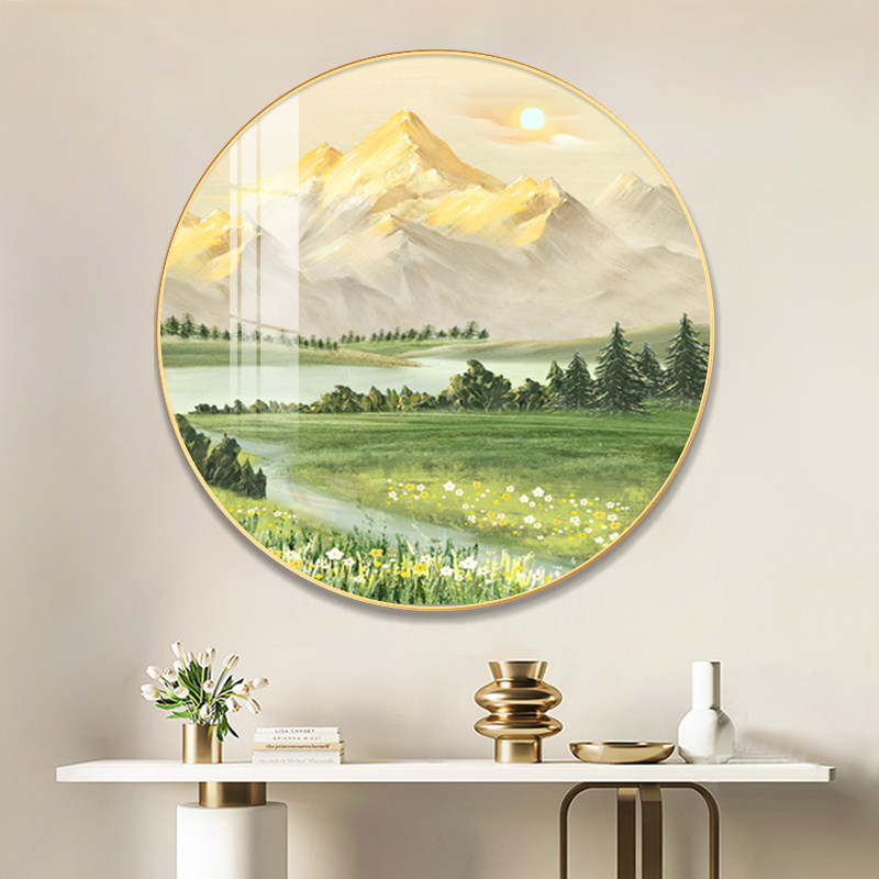 北欧玄关装饰画圆形餐厅山水风景日照金山走廊过道挂画正对门墙画