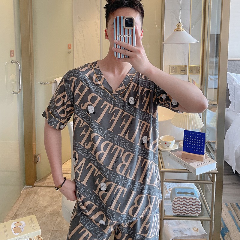 睡衣男夏季绵绸短袖V领男士短袖短裤青少年可外穿棉绸套装家居服
