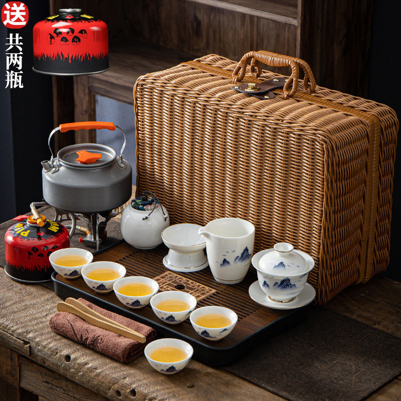 藤编户外便携式旅行紫砂茶具套装带烧水炉野外露营煮茶壶泡茶装备