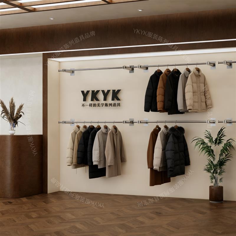 服装店一字上墙展示架不锈钢女装侧挂货架拉丝高级极简工业风挂杆