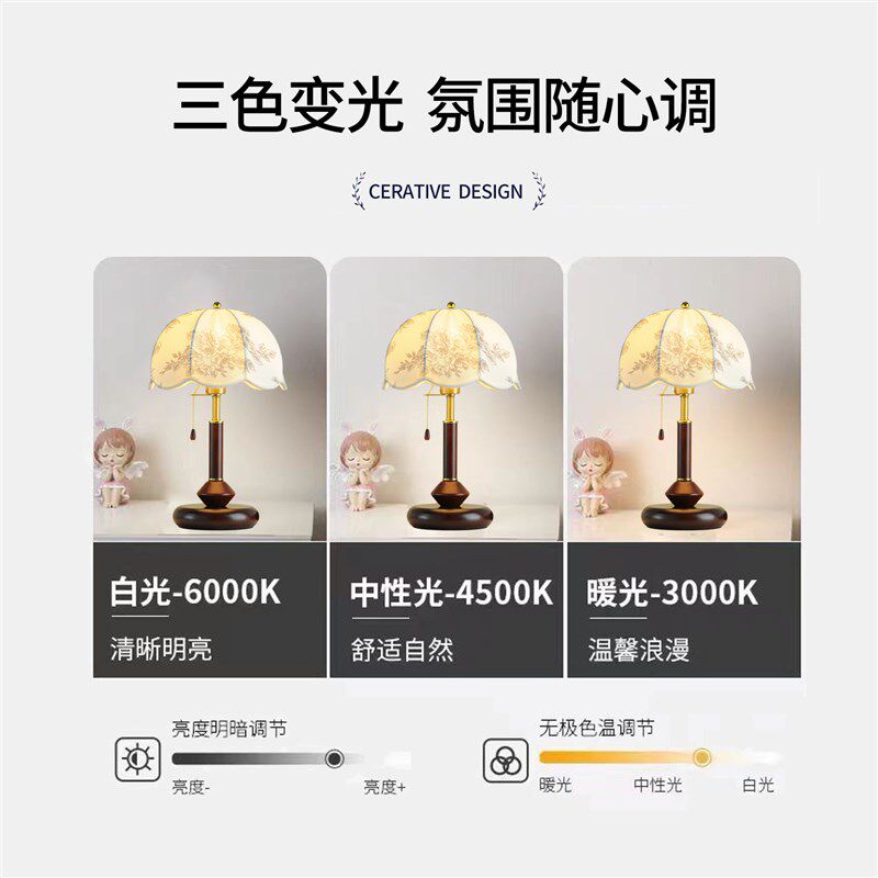 中古繁花复古台灯布艺实木铜色台灯客厅卧室书房床头灯饰装饰台灯