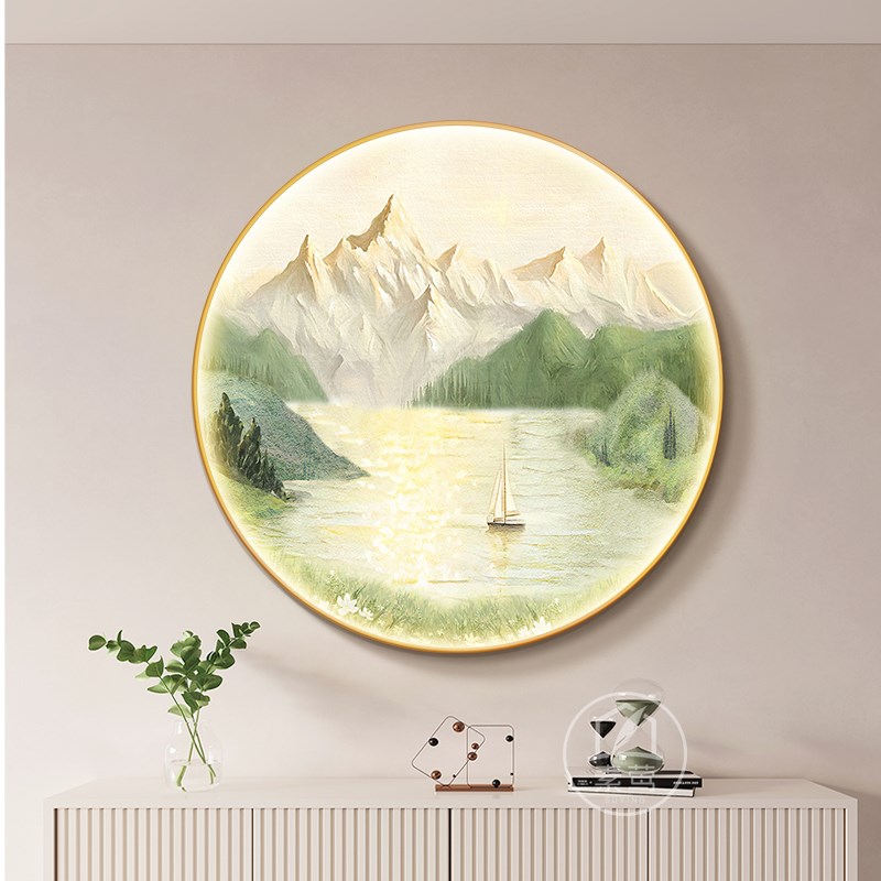 背靠金山圆形灯画高档大气山水风景玄关画简约现代LED带灯装饰画