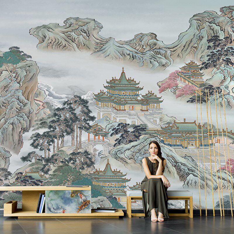 新中式山水画风景墙纸3D客厅办公室壁画电视背景墙壁纸水墨画墙布