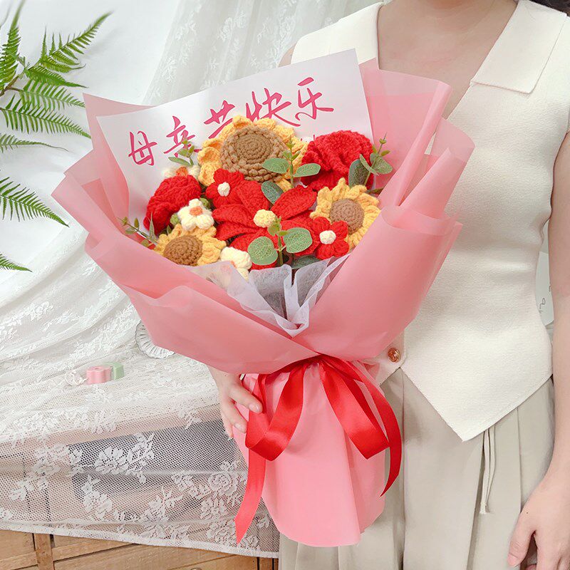 母亲节针织毛线花束成品手工钩织康乃馨百合仿真永生花送妈妈礼物