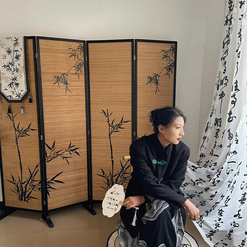 蘑菇小匠古风四扇竹子屏风隔断新中式国风背景氛围装饰竹编围挡