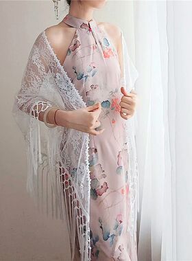 蕾丝旗袍披肩三角巾围巾长款女复古民国风手工流苏春夏秋黑色白色