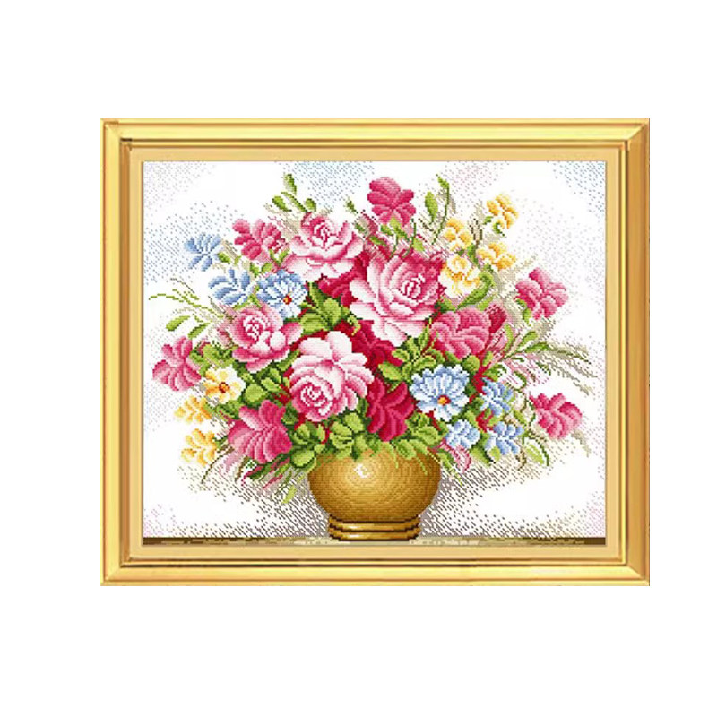 纯手工十字绣成品粉玫瑰花瓶粉红玫瑰花卉小幅现代中式客厅简约画
