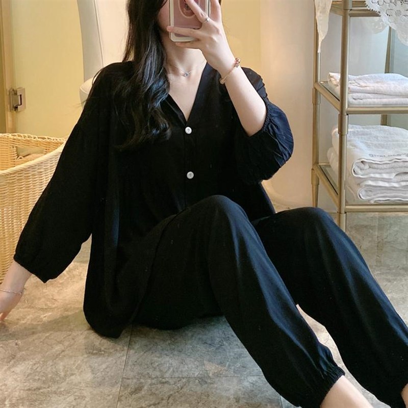棉绸睡衣月子家居服女春秋款夏天七分袖人造棉空调女士大码绵套装
