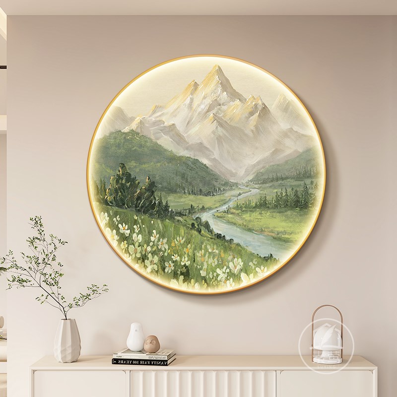 背靠金山圆形灯画高档大气山水风景玄关画简约现代LED带灯装饰画