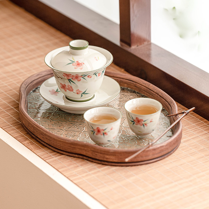 极素桃花手绘盖碗茶杯中式高档陶瓷功夫茶具套装家用泡茶一壶两杯