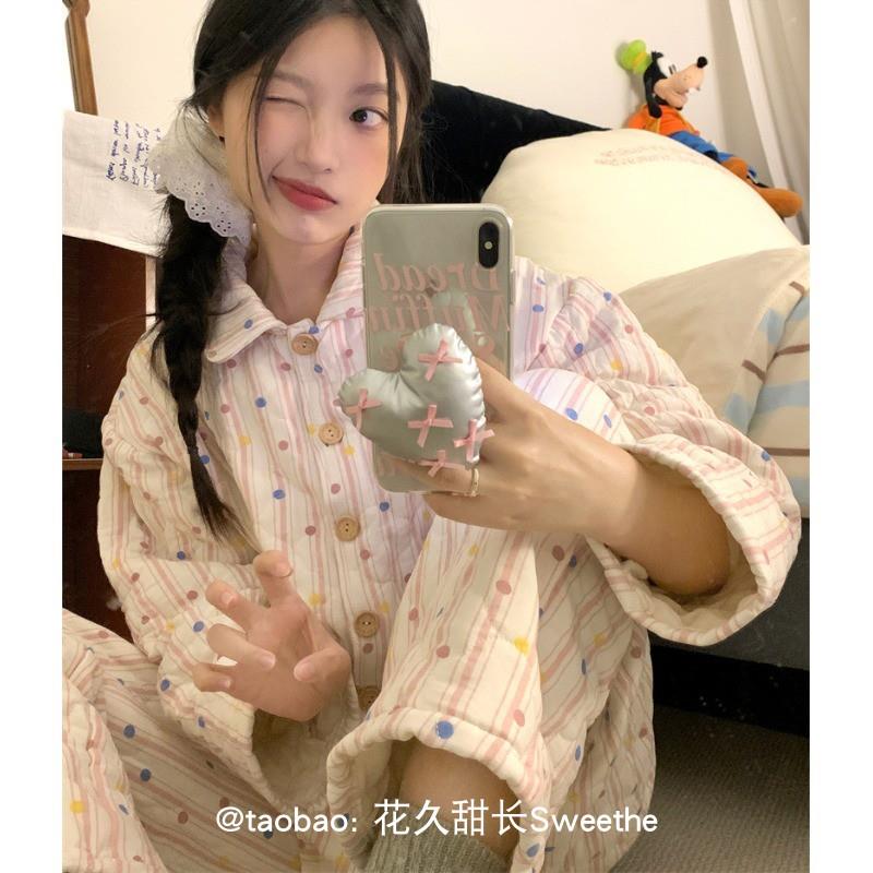 夹棉睡衣女士冬季新款彩色波点长袖长裤加厚保暖ins风家居服套装