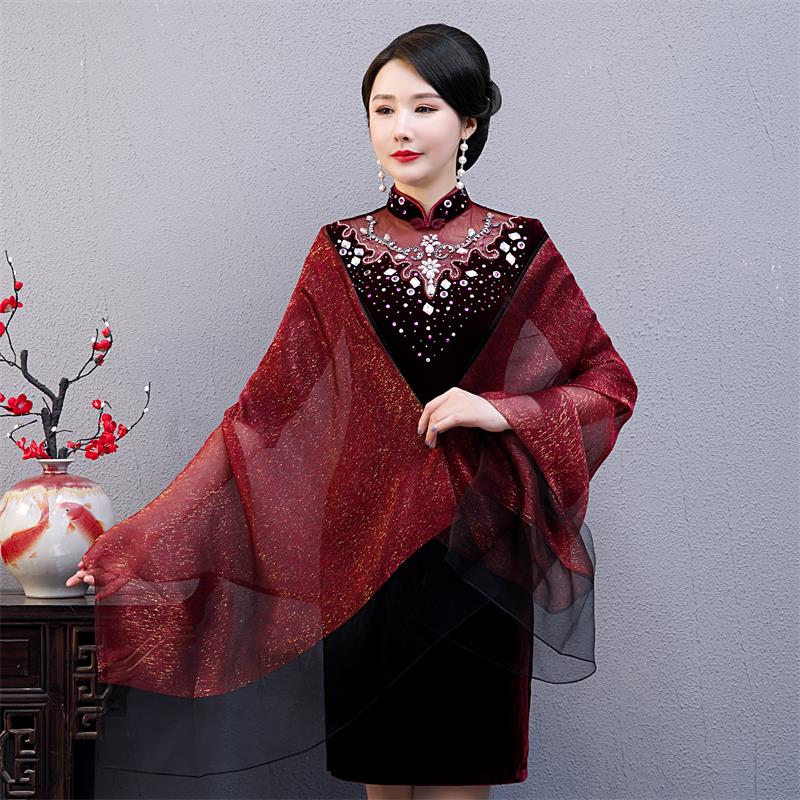春夏桑蚕丝妈妈婚礼婚宴礼服旗袍披肩外披薄款真丝披肩长巾围巾