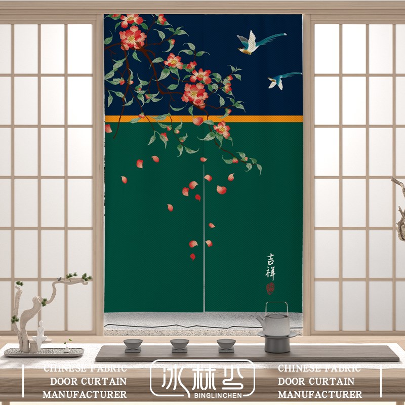 中式门帘花鸟蓝色墨绿国画包房挂帘隔断窗厨房入户玄关遮挡帘定制