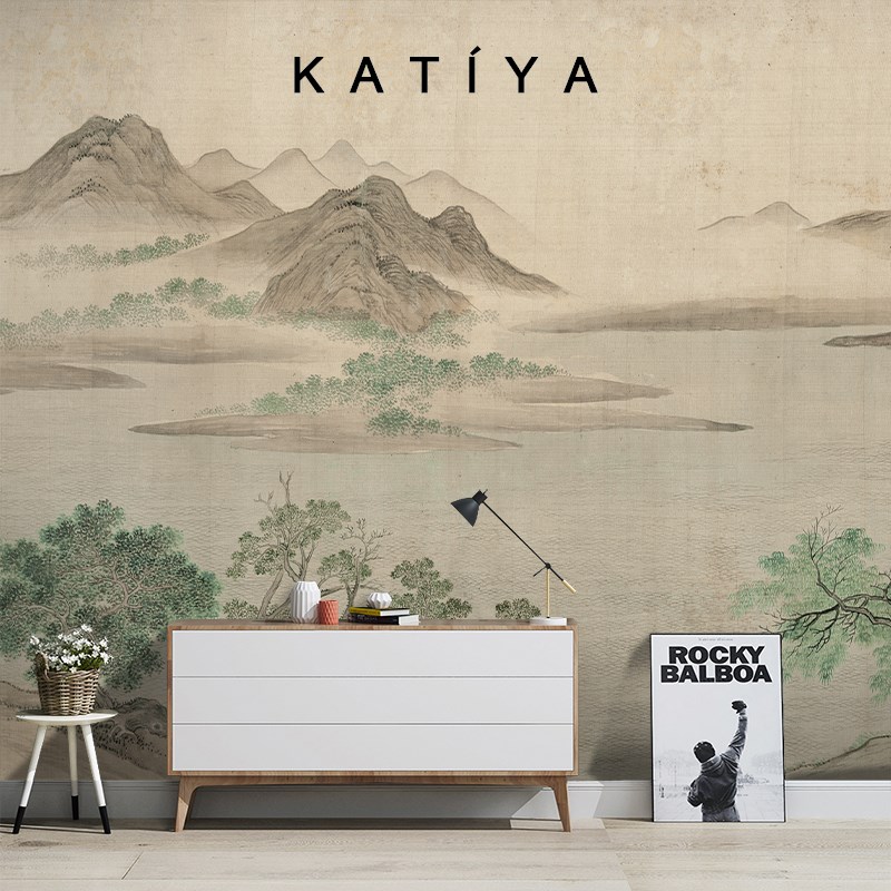 Katiya新中式湖山春暖图电视背景墙壁纸手绘复古墙布宋代美学壁画