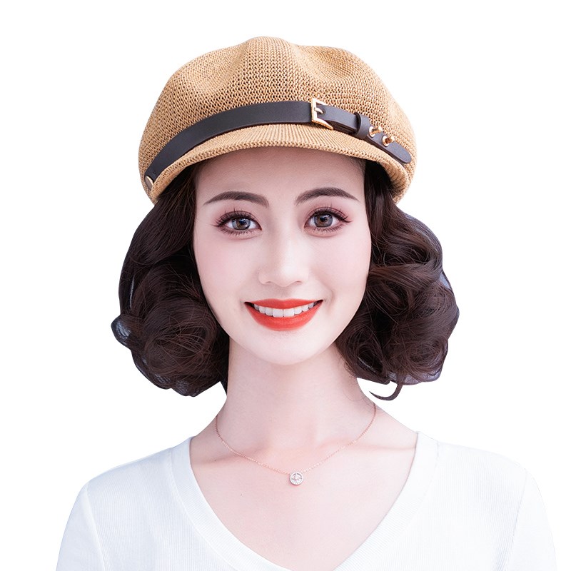 帽子假发一体女夏天时尚新款八角帽小短卷带假发帽子短卷发可拆卸