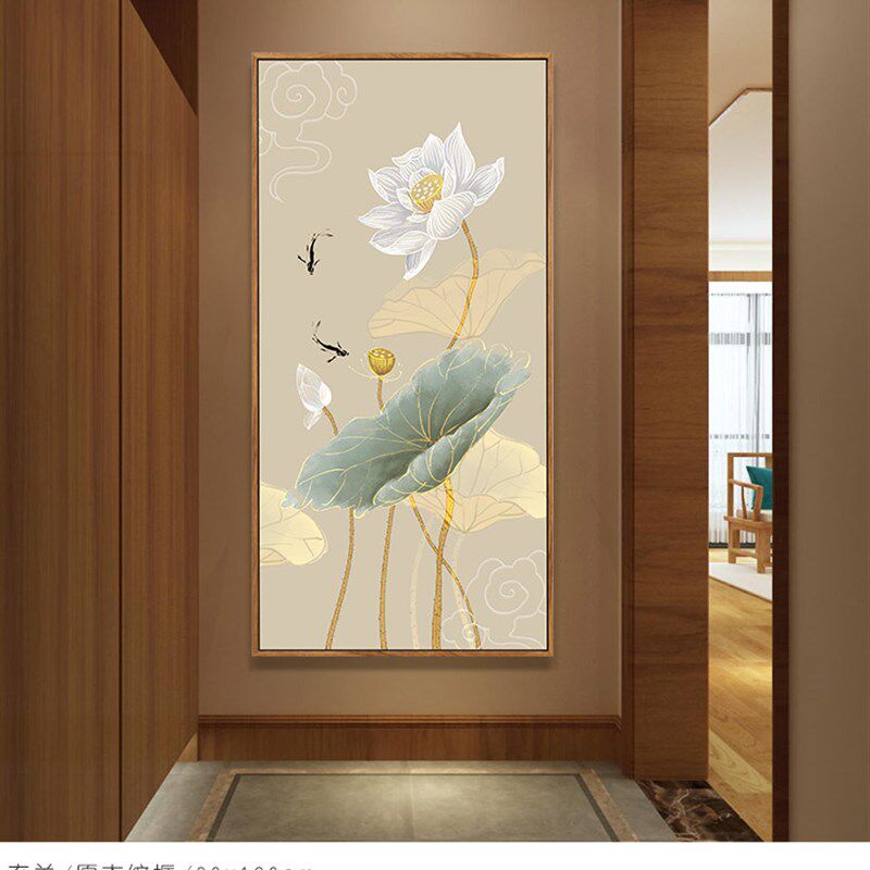 纯手绘油画荷花玄关禅意过道走廊新中式壁挂画客厅水墨竖版装饰画