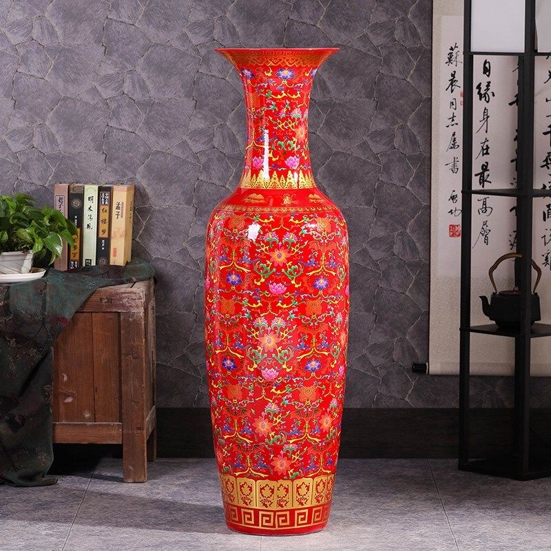 景德镇陶瓷中国红大花瓶落地客厅摆件装饰品玄关乔迁酒店开业礼品