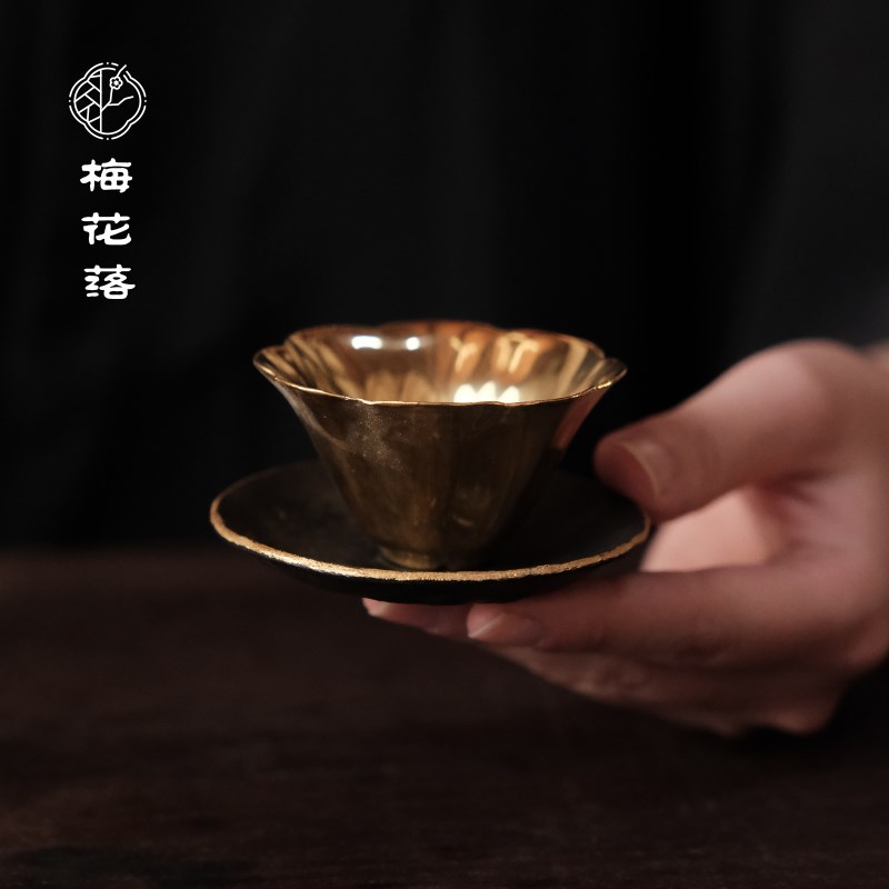 梅花落纯锡杯垫仿古杯托圆形杯碟描金底托古朴茶道配件冉物手作