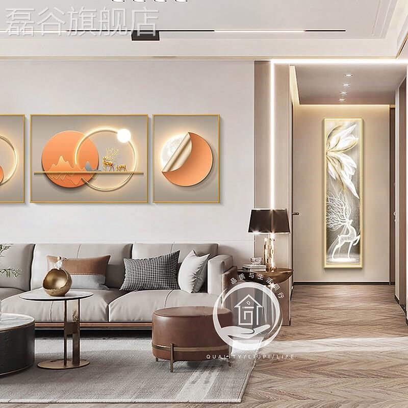 定做轻奢玄关装饰门画入户正对福鹿竖版灯画现廊代高档走过道长条