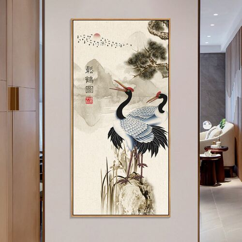 迎客松玄关壁画松鹤延年装饰画仙鹤挂画新中式字画餐厅老人房墙画