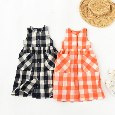 森系 儿童纯棉格子连衣裙 女童圆领背心裙 中大童长款A字裙 夏款