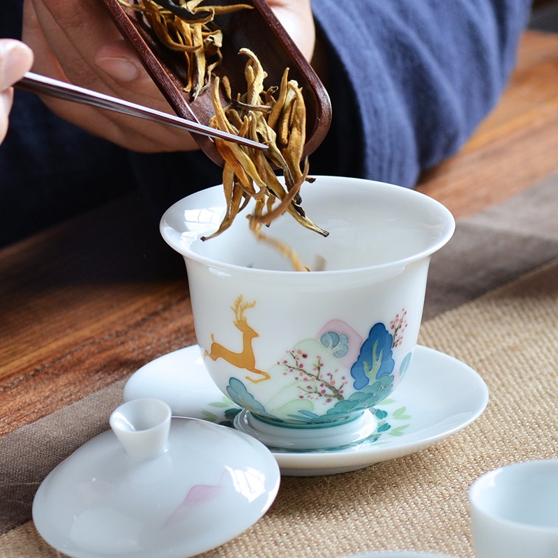 千红窑纯手绘三才盖碗茶杯耐热单个陶瓷功夫茶具家用薄白瓷泡茶碗