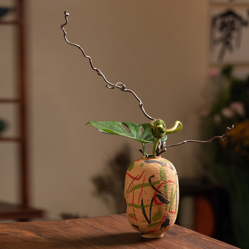 手绘彩陶笔墨土陶瓶仿古花瓶插花器皿新中式摆件手工陶泥桌面禅意