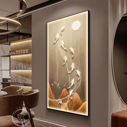 led灯入户九鱼图玄关装饰画轻奢高档画壁画现代客厅走廊过道挂画