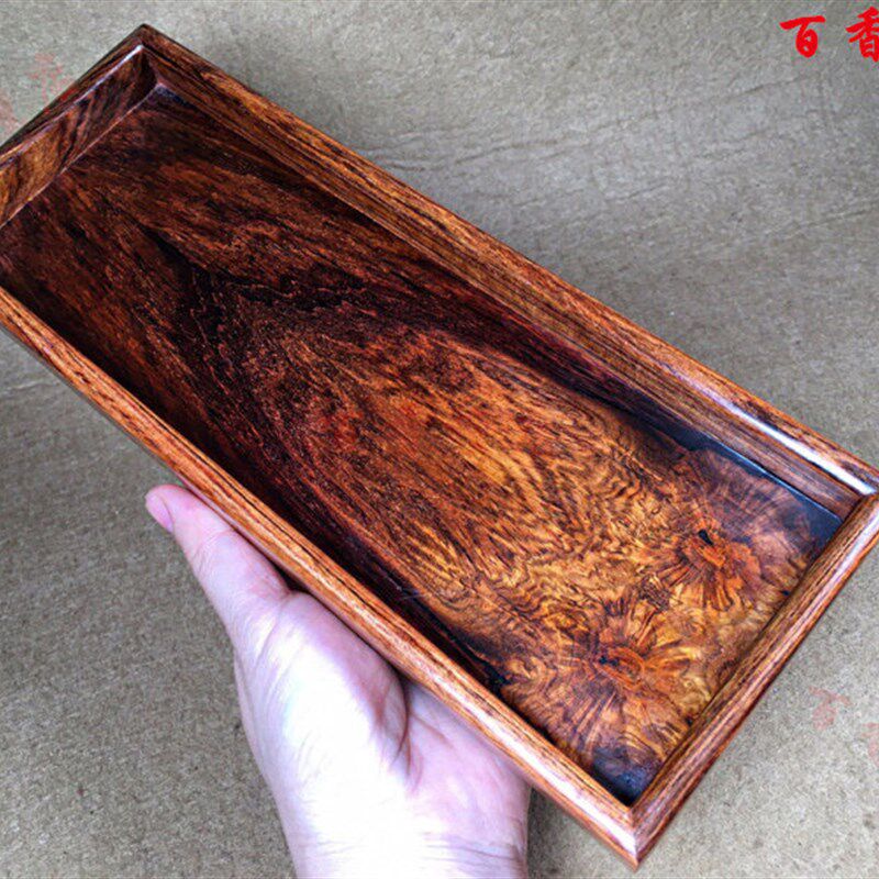 海南黄花梨实木雕刻托盘鬼脸虎皮图案海黄盘工艺品茶盘水果盘摆件
