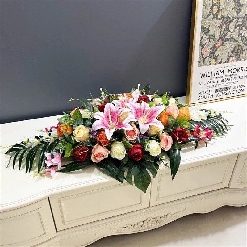仿真花会议桌花餐桌长款摆花演讲接待台装饰花玫瑰百合花商务假花