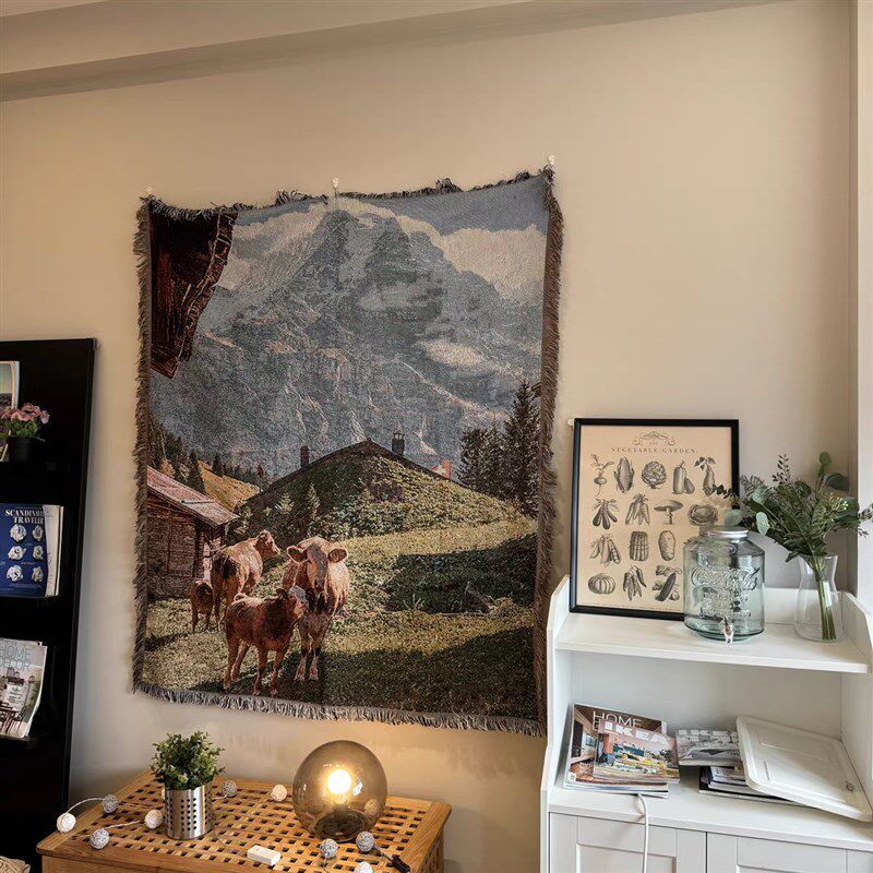 Swiss瑞士风景画挂毯 欧洲小镇墙面装饰艺术挂布 治愈草原沙发毯