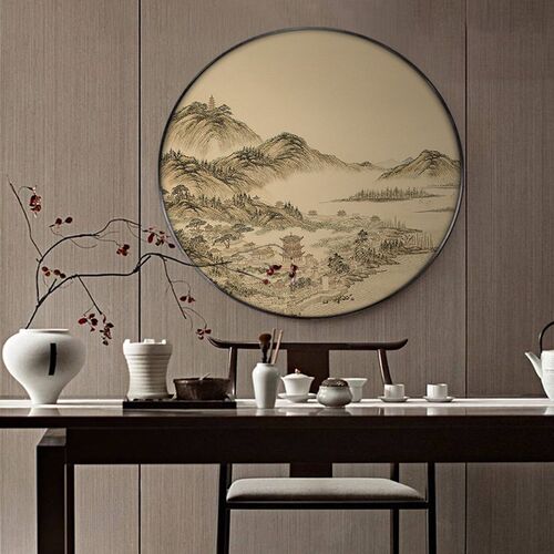 新中式圆形玄关装饰画中国风古建筑楼阁壁画客厅茶室书房墙壁挂画