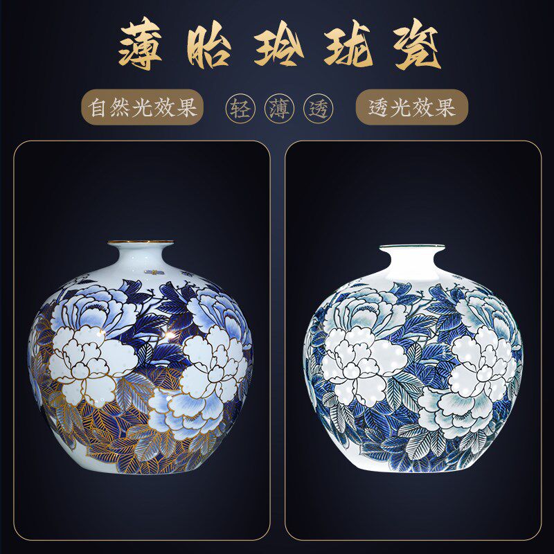 景德镇陶瓷花瓶大师手绘青花瓷花瓶石榴瓶中式客厅装饰摆件瓷瓶子