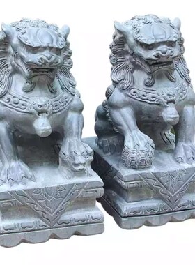 墓地小石狮子公母一对青石石头雕刻公墓坟地墓前祭祀家用门口摆件