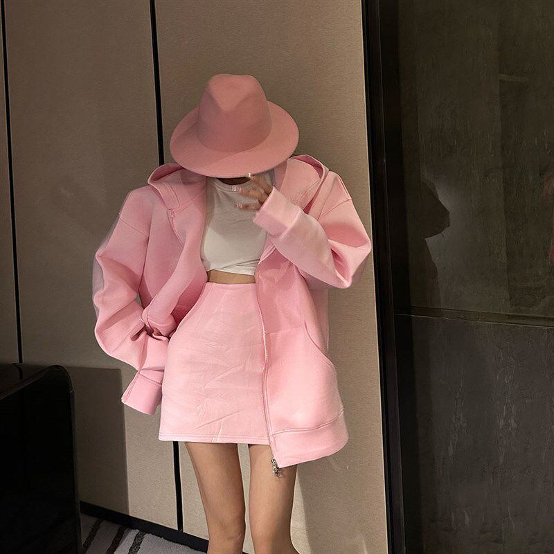 连帽开衫卫衣外套女时尚套装宽松大码洋气时尚上衣A字裙两件套潮