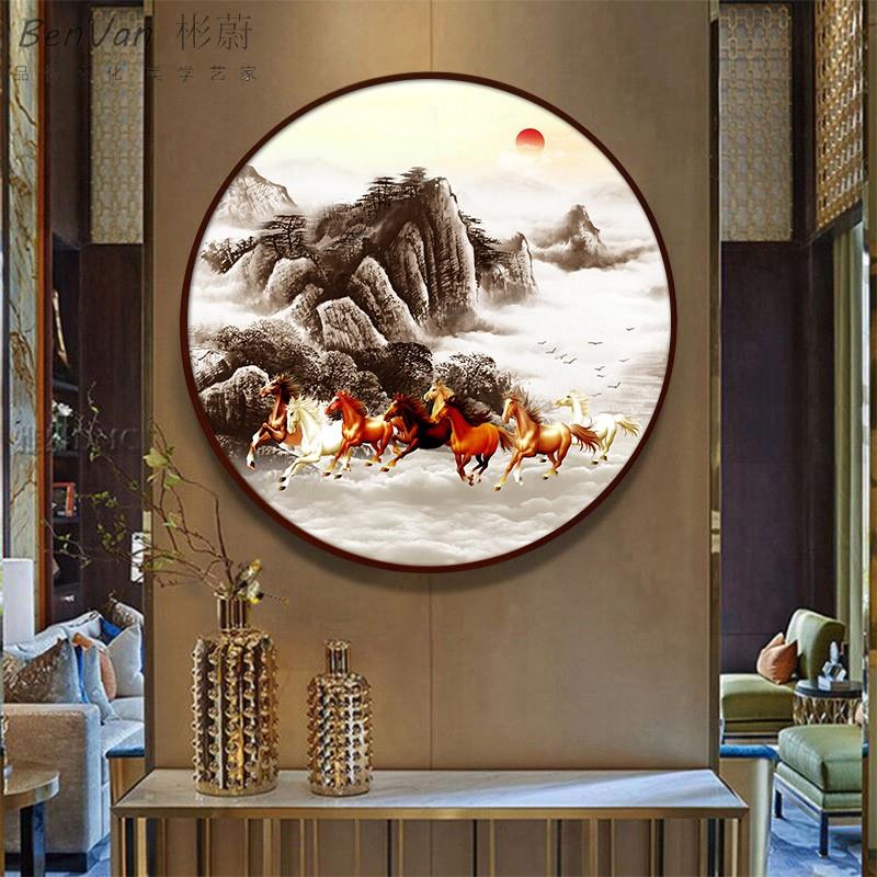壁画八骏图马装挂饰玄画八圆形客办厅室骏公马画字画关匹马到定做