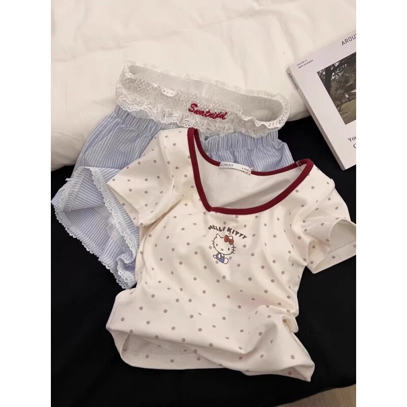 少女纯欲带胸垫短袖睡衣女士夏季甜美蕾丝条纹短裤家居服大码套装