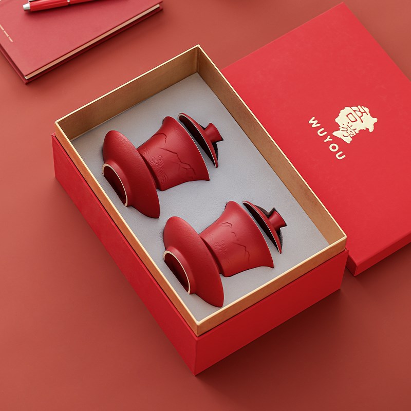 WUYOU 结婚敬茶杯套装新婚改口茶喜茶杯茶具一对红色盖碗婚庆用品