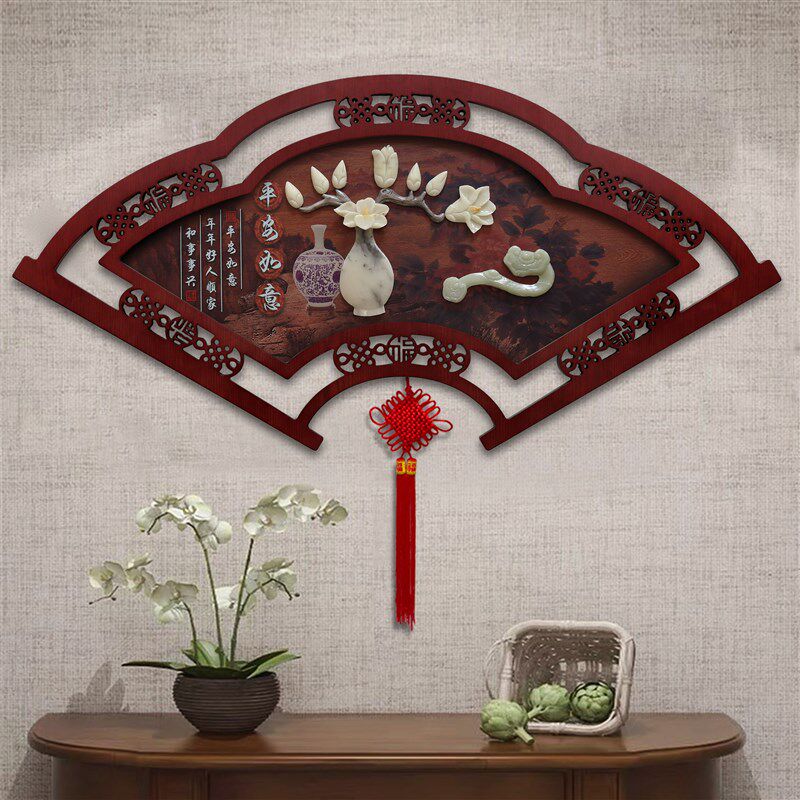 新中式客厅墙壁装饰画扇形玉雕画餐厅玉石挂件电视沙发背景墙挂画