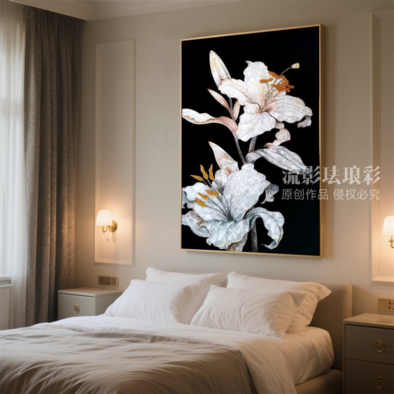 珐琅彩装饰画百合玄关背景墙走廊挂画高级轻奢高级装饰画可定制
