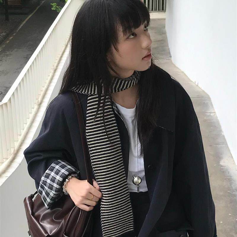 韩系黑白条纹围巾女秋冬氛围感长款针织围脖文艺风披肩保暖颈饰品