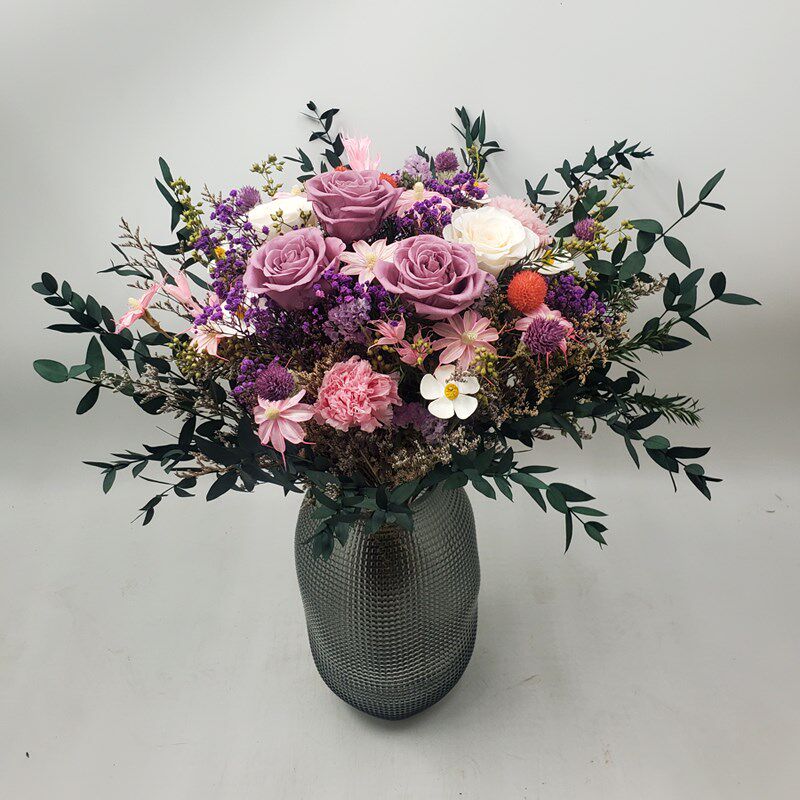 进口紫色永生玫瑰花干花花束康乃馨满天星客厅装饰天然真花摆件