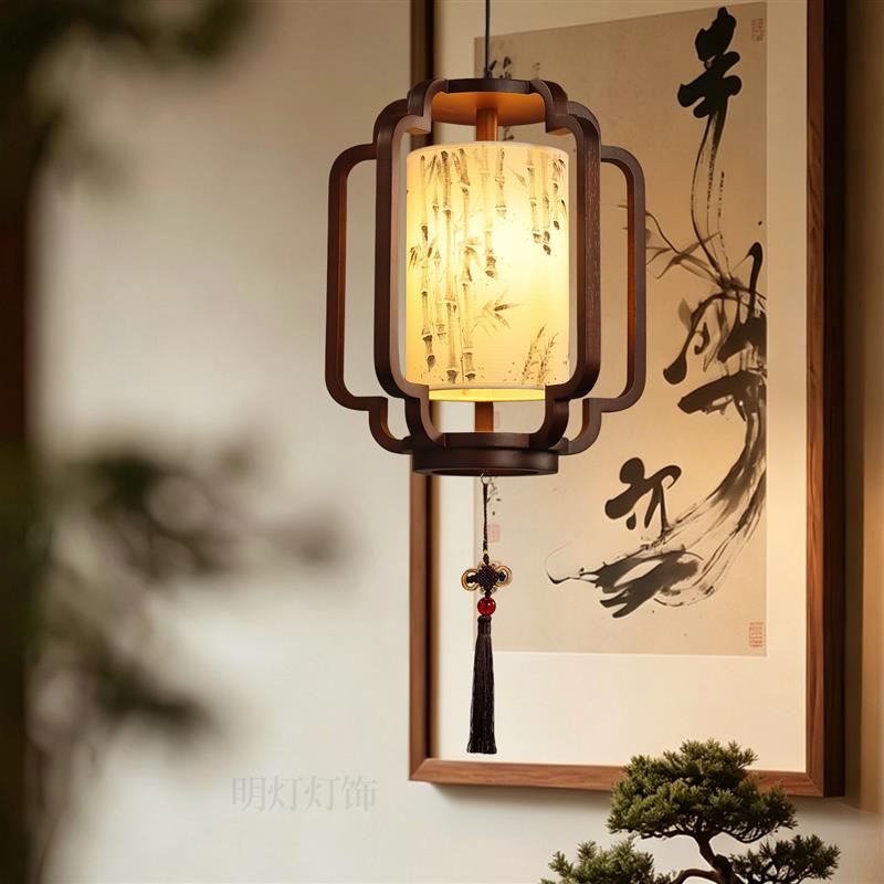 新中式木质吊灯玄关饭厅手绘布艺灯罩LED光源古典茶室楼梯吊灯具