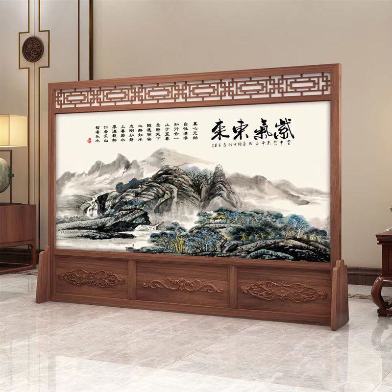 实木新中式屏风隔断单位公司办公室客厅入户大厅艺术风景座屏定制