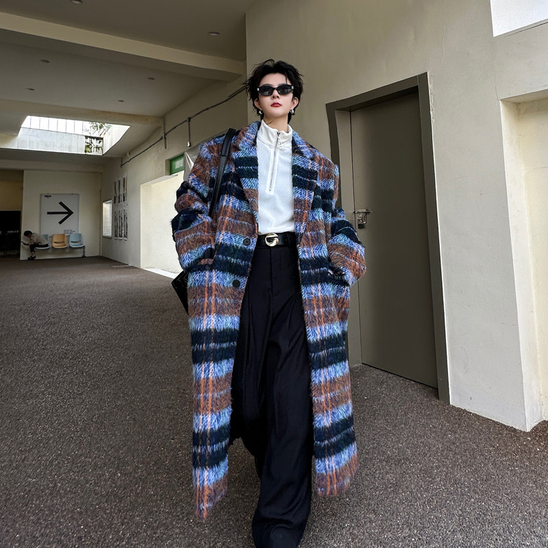 冬季复古高级感格子毛呢大衣男时髦中长版宽松加厚过膝呢子外套潮