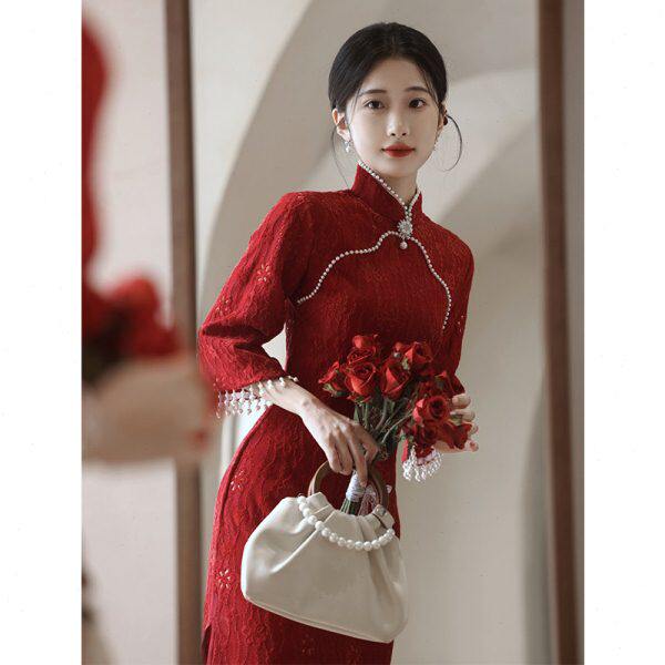 红色敬酒服旗袍新娘2024新款结婚蕾丝改良订婚礼服裙女新中式秋冬