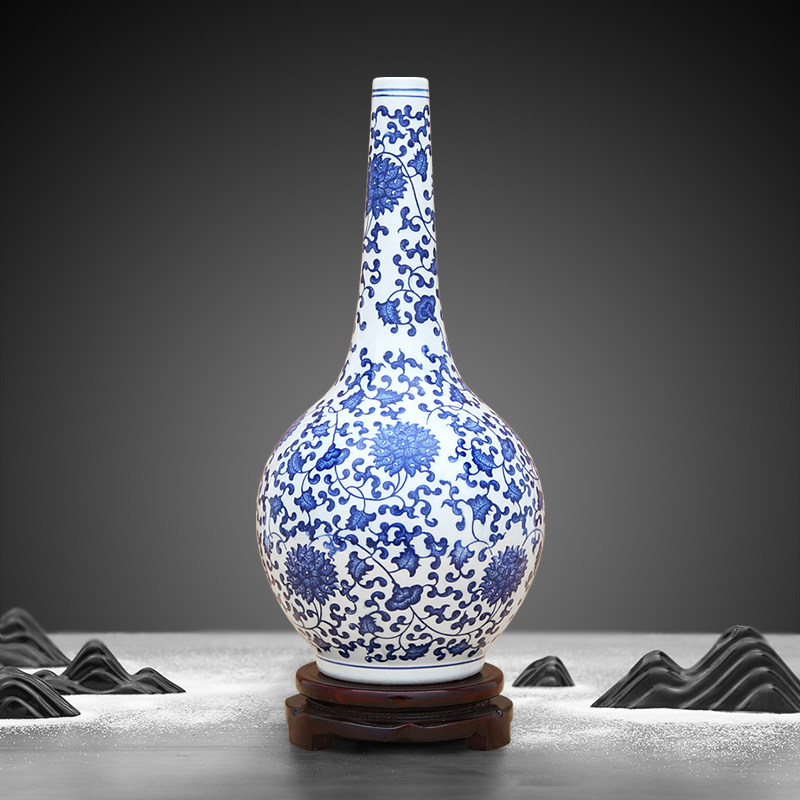 景德镇陶瓷器仿古青花瓷缠枝莲纹胆瓶客厅办公室装饰品客厅摆件