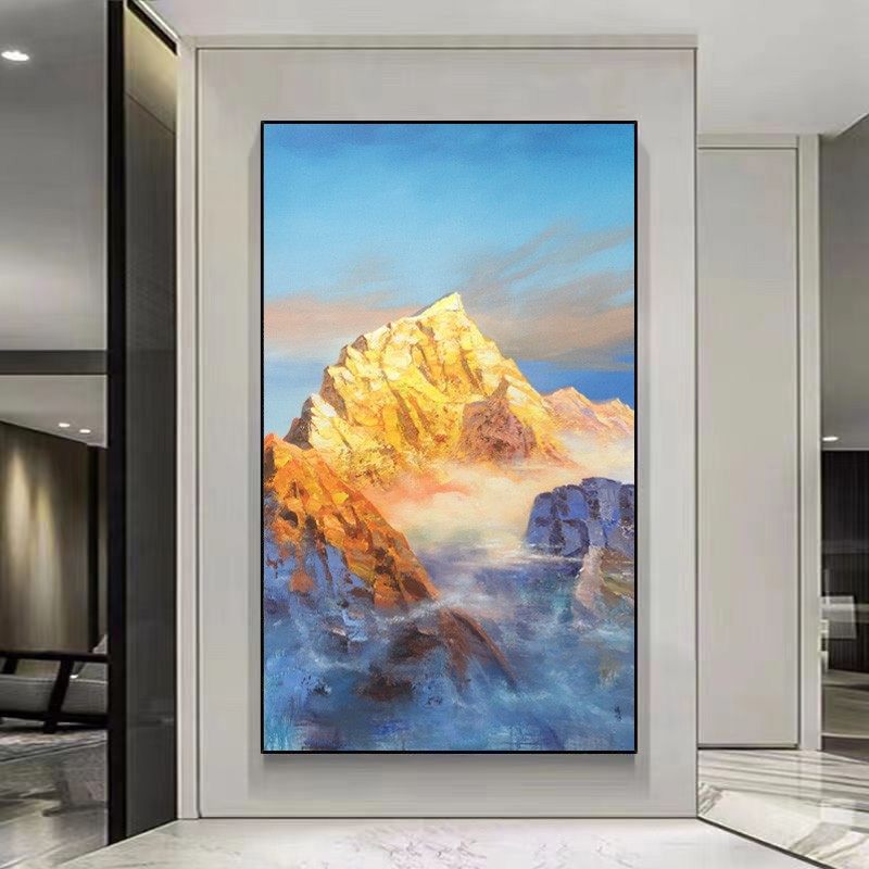 手绘油画玄关客厅装饰画日照金山书房办公室竖版轻奢沙发餐厅挂画