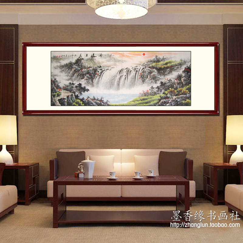 纯手绘手工源远流长聚宝盆山水画芯国画镇宅新中式客厅办公室挂画