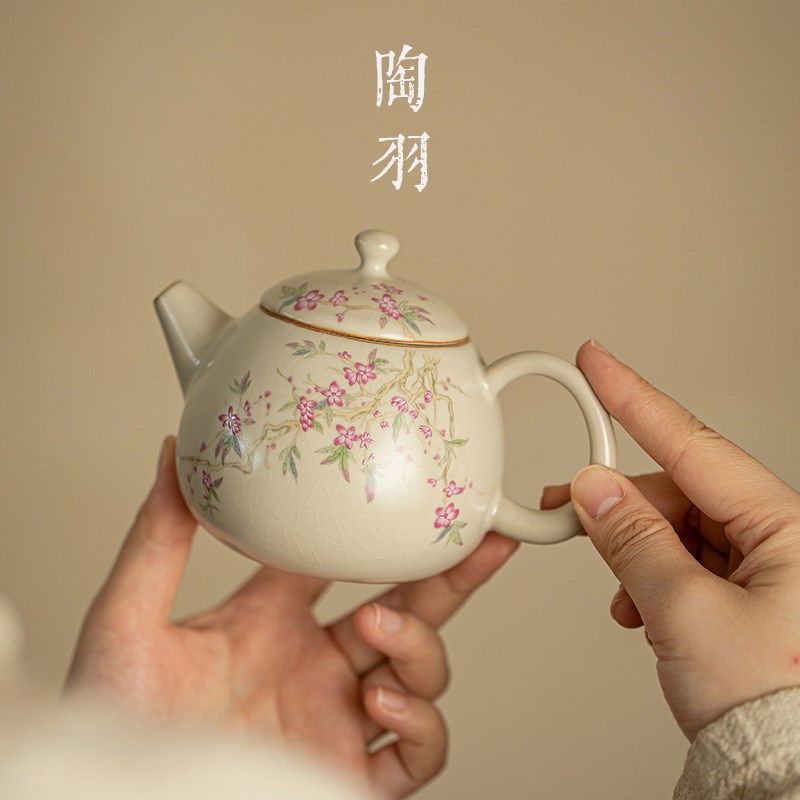 米黄汝窑茶壶龙蛋壶家用单个泡茶壶个人专用茶杯陶瓷功夫茶具套装